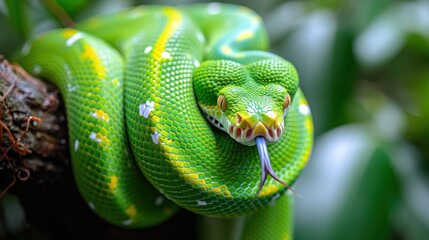 a close up of a green snake with yellow stripes on it's head and neck, resting on a branch.