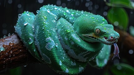 Naklejka na ściany i meble a close up of a green snake on a branch with drops of water on it's body and head.