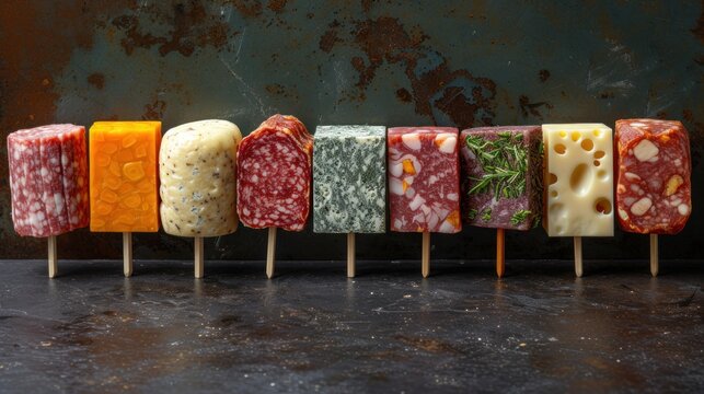 a row of different colored lollipops sitting next to each other on top of a black counter top.