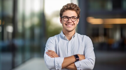 Fototapeta premium young student stands with folded arms in front of a building