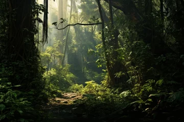 Zelfklevend Fotobehang Coastal forest with sunlight filtering through dense foliage © KerXing