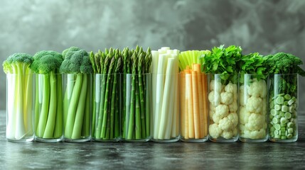 a row of glass containers filled with veggies and cauliflower next to broccoli, cauliflower, cauliflower stems, celery, cauliflower, and celery.