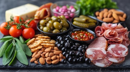 a platter of meats, cheeses, olives, tomatoes, olives, and other foods.