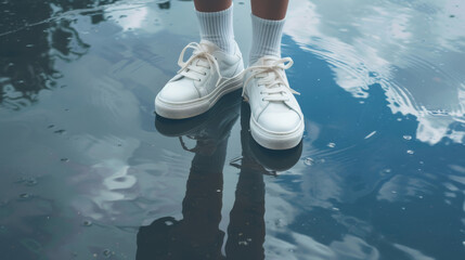 Fototapeta na wymiar Person Standing in Puddle Wearing White Sneakers and Blue Trousers
