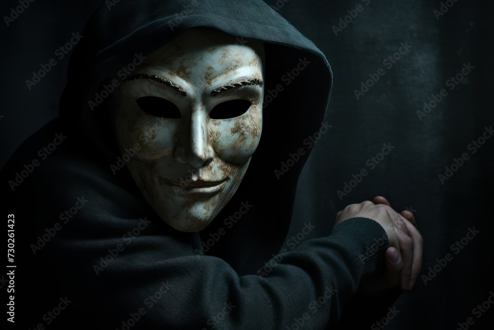 Poster conceptual image of a person with a mask, representing hidden fears and emotions