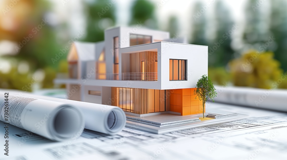 Poster 3d rendering project of new building model house on blueprint plan