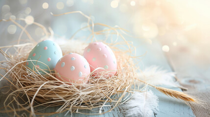 Fototapeta premium Decorative Easter Eggs with Polka Dots in a Nest on Rustic Wooden Background with Warm Bokeh Lights