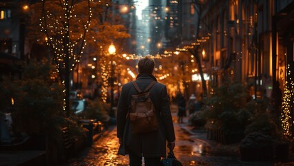 Obraz premium Business Mann in der Stadt in der Nacht mit leuchtenden Straßenlichter