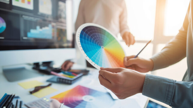 Graphic Designers Collaborating with Color Swatches and Digital Tools in a Creative Office