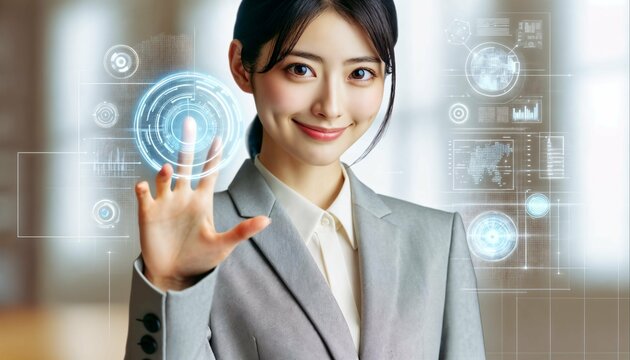 タッチスクリーンで働く女性。未来の働き方。画像生成AI.	