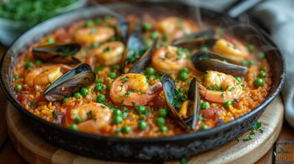 a close up of a pan of food with shrimp and peas on a wooden board with a spoon in it.