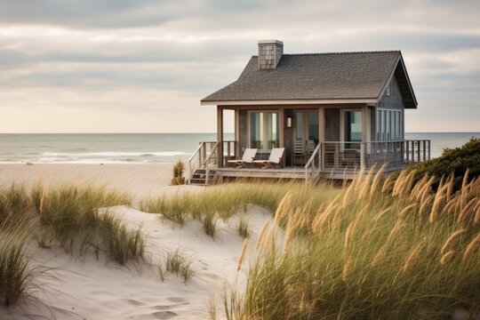 Cozy beach cottage nestled among sand dunes and beach grass