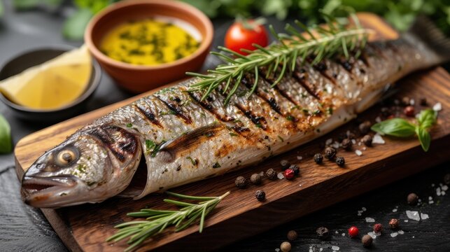 a fish sitting on top of a wooden cutting board next to a bowl of spices and a bowl of olives.