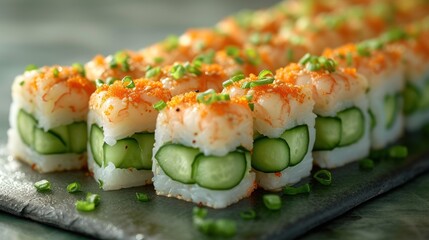 a close up of a plate of sushi with cucumbers and sauces on the top of it.