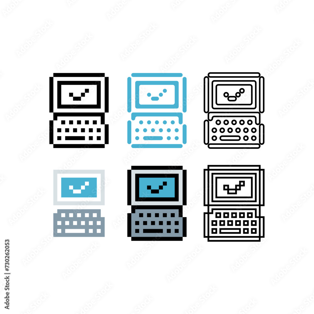 Poster pixel art outline sets icons of laptops sign variations in color. approve laptop icon in pixelated s