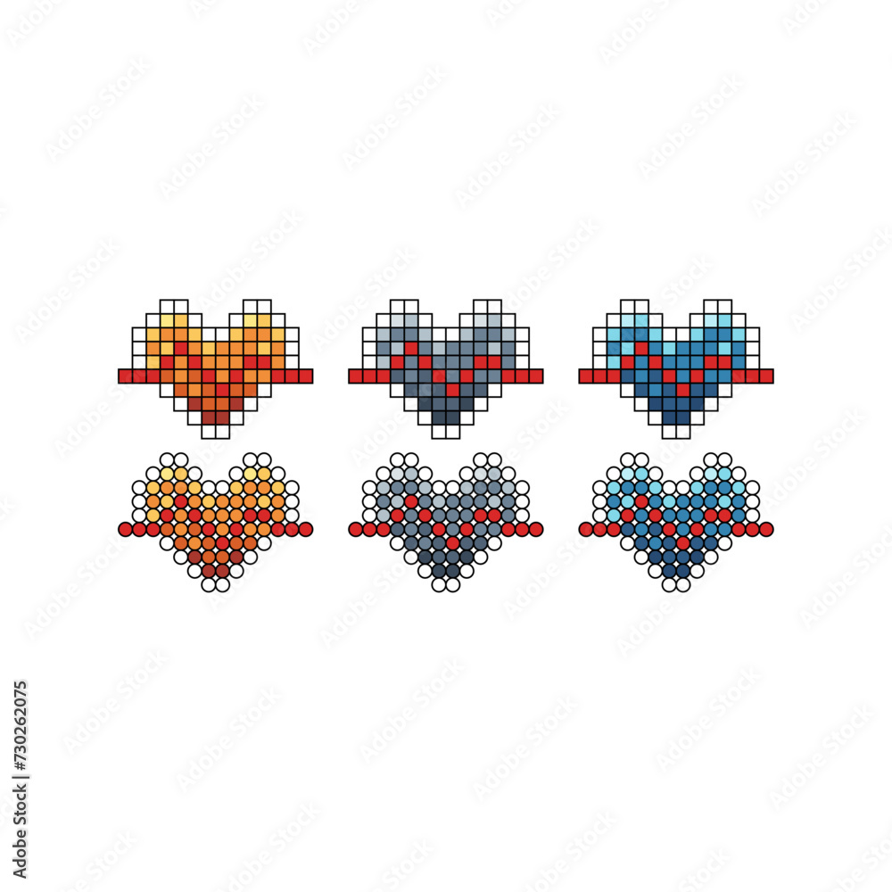 Poster pixel art stroke sets icons of heart rate wave sign variations in color. heart wave icon in pixelate