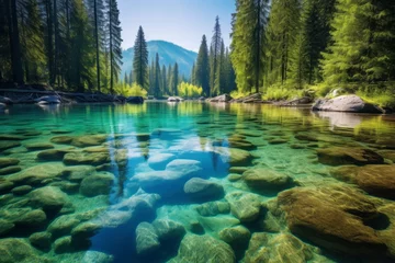 Foto op Canvas Crystal-clear river flowing through a picturesque forest landscape © KerXing