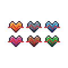 Pixel art sets icons of heart rate 
 wave sign variations in color. Heart wave icon in pixelated style. 8-bit Illustration,for design asset elements, game UIs, and mobile apps icon collection.