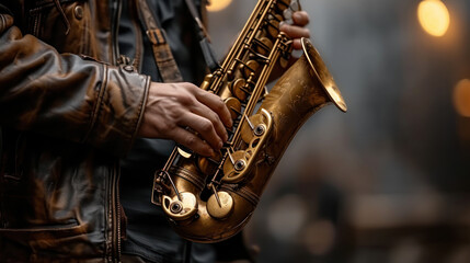 Close-up of a saxophone held by a musician.