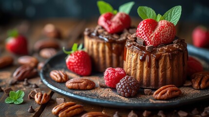 a plate topped with two cakes covered in frosting and topped with raspberries and pecans next to nuts. - obrazy, fototapety, plakaty