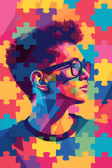 Colorful Puzzle Profile - Autism Awareness Concept