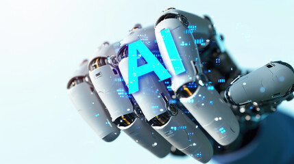 Robotic hand showing digital AI icon with flying "AI" text isolated on white background. Artificial intelligence, modern technology concept