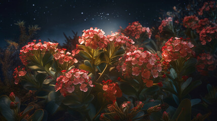 Naklejka na ściany i meble Kalanchoe flowers in a garden under a starlit sky. 