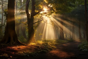Enchanted forest with sunlight casting magical rays through the trees