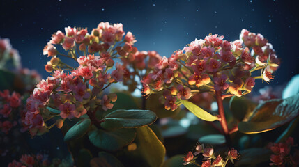 Fototapeta na wymiar Kalanchoe flowers in a garden under a starlit sky. 