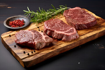 Three uncooked steaks with seasonings on a wooden board. Dark background