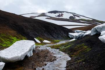 The picturesque landscape on a famous Laugavegur hiking trail. Icelandic landscape of volcanic...