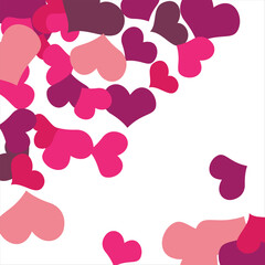 Bright hearts confetti corner frame on white background. Valentine's Day. Banner template. Space for text. illustration.