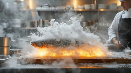 a chef is cooking in a kitchen with a lot of smoke coming out of the back of the burner.