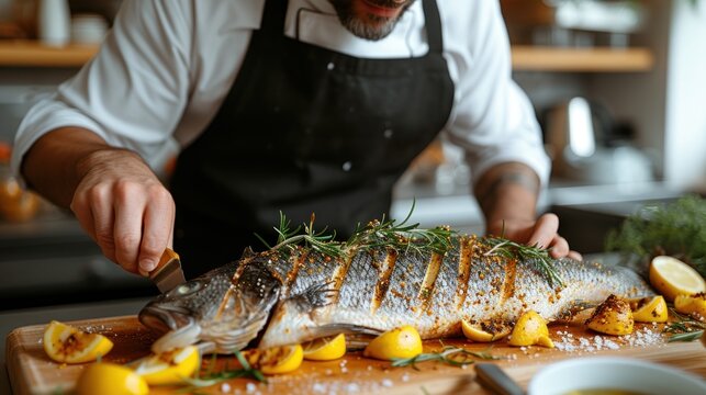 a man in an apron cutting up a fish on a cutting board with lemons and herbs on the side.