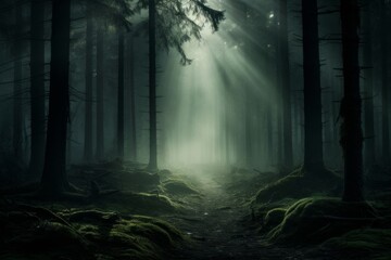 Foggy forest with glowing eyes peering from the shadows