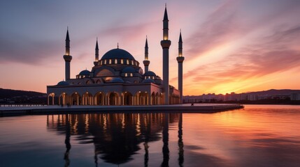 Fototapeta premium A mosque where the sun is reflected in the lake