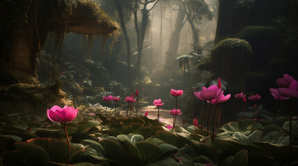 Cyclamen blossoms nestled in an enchanted forest setting. 