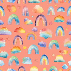 Rainbows, colorful clouds, stars, watercolor drawing, children's drawing, print, paper, textiles, cards, illustration, vector.
