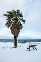 Ionian coast after a exceptional snowfall, Salento, Apulia, Italy