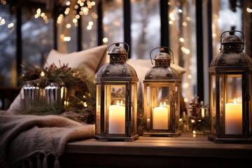 Fototapeta na wymiar Glowing lanterns and candles creating a warm and cozy holiday atmosphere