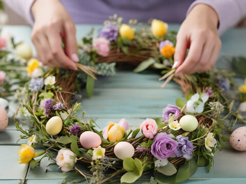 Handgemachter Osterkranz mit Blumen und Eiern