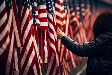 Hands placing flags in front of a memorial wall with names of victims on Patriot Day