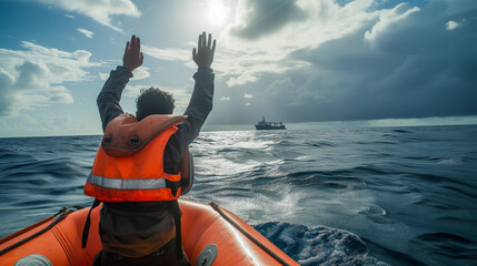 Man in emergency raft frantically attempts to gather attention of passing ship for rescue - obrazy, fototapety, plakaty