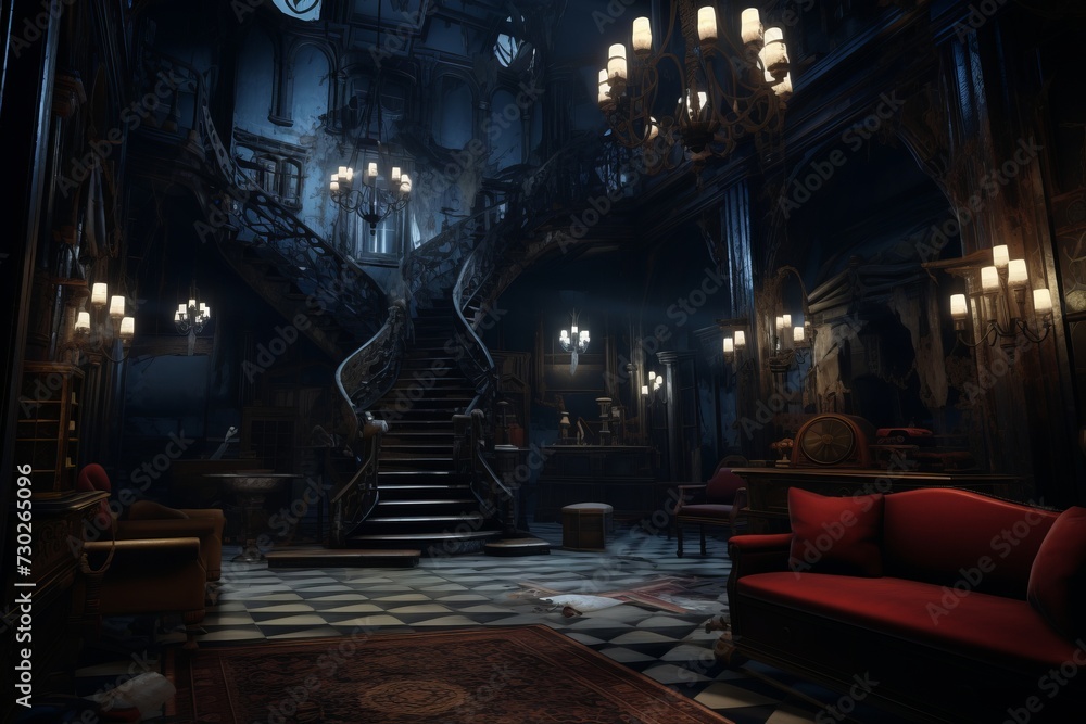Poster immersive scene of players exploring a haunted mansion and solving mysteries in a horror game