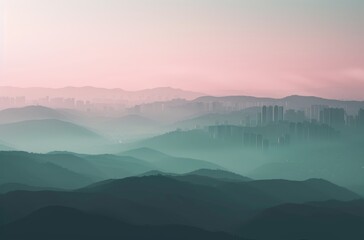 The misty veil of fog dances around the highland city, revealing glimpses of the majestic mountain range and creating a serene landscape at sunrise - obrazy, fototapety, plakaty