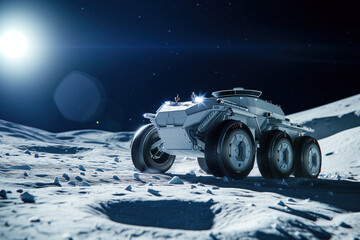 Naklejka premium A concept of a futuristic lunar rover vehicle. Showcasing it on the surface of the Moon. Created with Generative AI technology