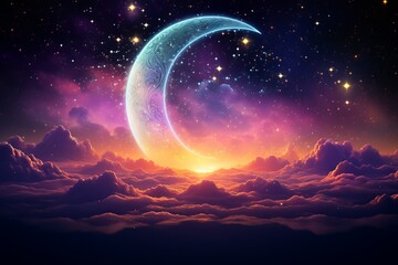 Fototapeta na wymiar Islamic crescent moon on vibrant sky design
