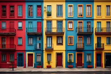 Obraz premium Vibrant row of colorful buildings on a bustling city street