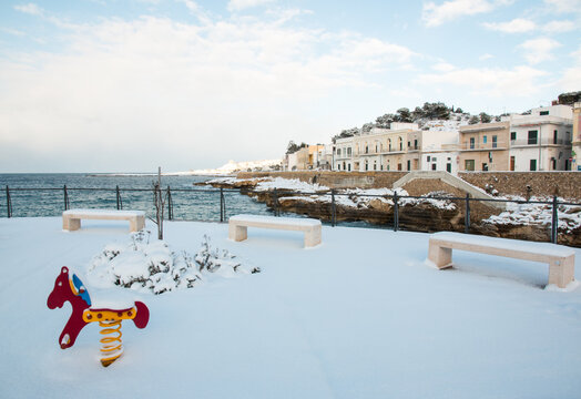 Santa Maria al Bagno after a exceptional snowfall, Salento, Apulia, Italy