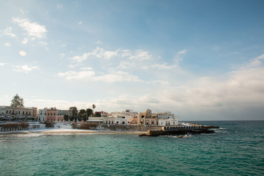 Santa Maria al Bagno beach after a exceptional snowfall, Salento, Apulia, Italy